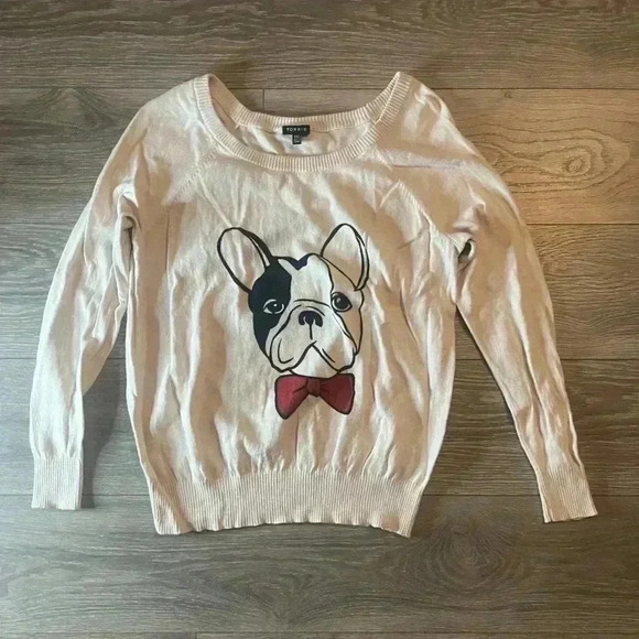 Torrid Cream 100% Cotton Long Sleeve Bulldog Bow tie Sweater Size 0 Large - Picture 1 of 8